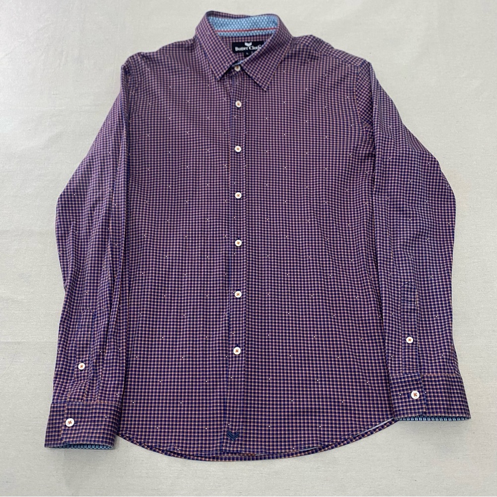 Butter Cloth Shirt Mens L Blue Orange Gingham Plaid Dotted L/S Button Up Stretch